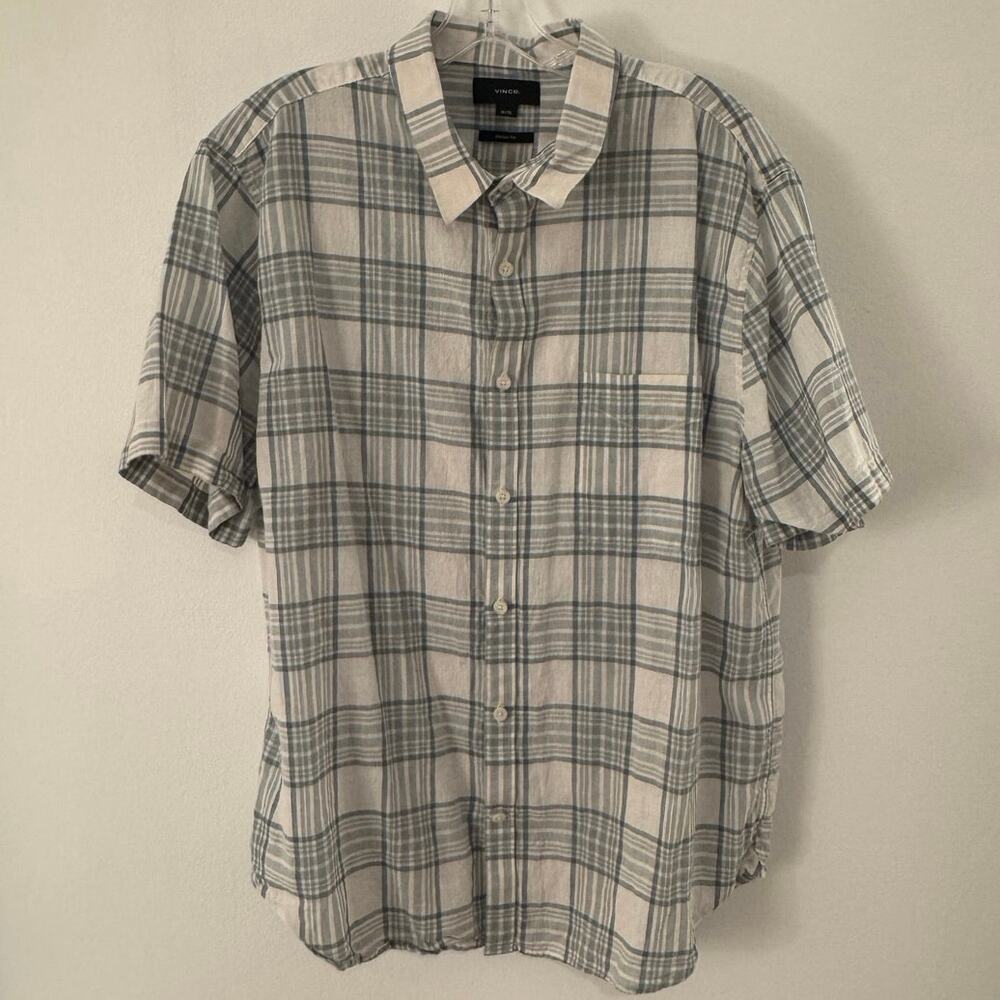 Vince Men’s Linen Cotton Plaid Shirt XL Green Short Sleeve Classic Fit Button Up